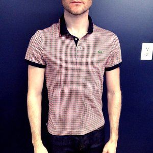 Lacoste 2 button blue and orange gingham polo